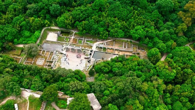 Shot drone cenital Butrint Roman amphitheater and ruins in Albania