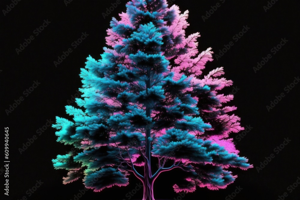 Wall mural blue pink neon fir tree on black, Generative ai