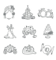 Collection of beautiful thin line style vector wedding icons - 609940618