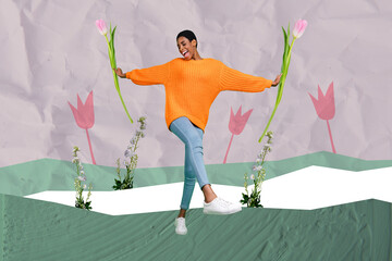Full body collage of young careless girl dance freedom outdoors have fun hold two tulips enjoy...