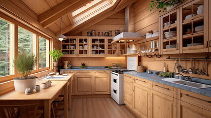 Kitchen interior in eco style and furniture made of natural wood. Generative Ai
