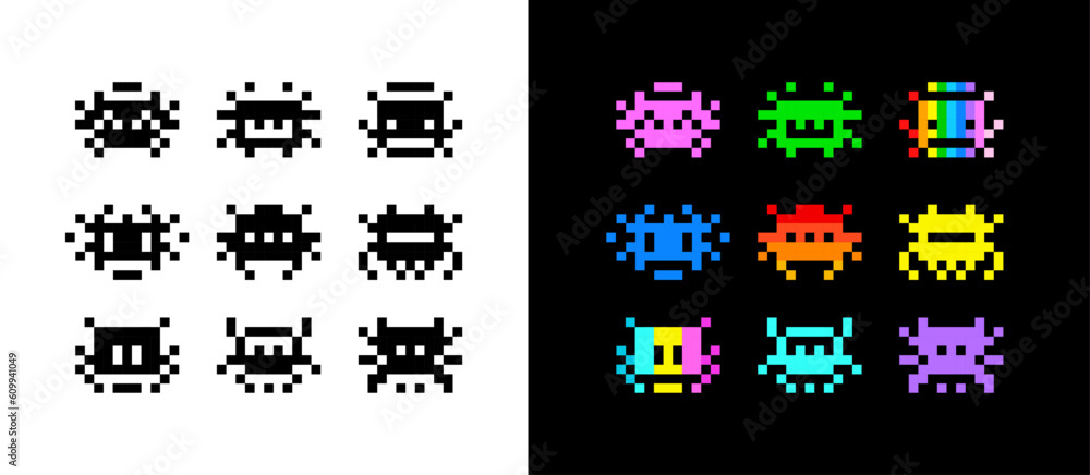 Poster vector 8-bit space arcade style poster. pixel art colorful icons set in retro video game style isola