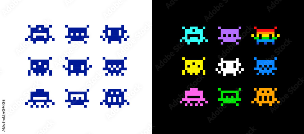 Poster Pixel Art Icons for space arcade game. Simple space pixel icons for geek style print dsgn. Funny UFO aliens and robots in 8-bit retro game style. Vector illustration Isolated on white  background
