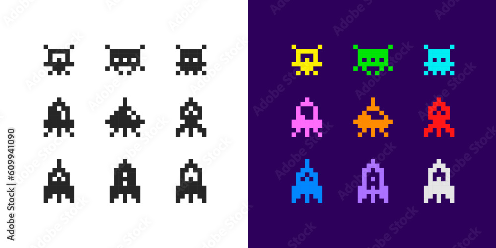 Poster vector pixel art 8-bit space arcade style poster with colorful retro video game icons set of ufo ali