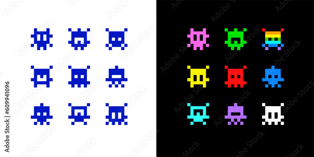 Poster Pixel Art Icons for space arcade game. Simple space pixel icons and symbols for print dsgn. Funny UFO aliens and robots in 8-bit retro game style. Vector illustration Isolated on white  background