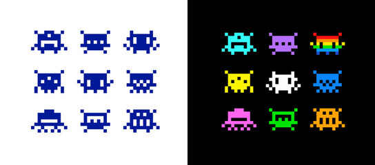 Pixel Art Icons for space arcade game. Simple space pixel icons for geek style print dsgn. Funny UFO aliens and robots in 8-bit retro game style. Vector illustration Isolated on white  background © VRTX