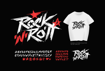 Vector Rock'n'roll tee print design and grunge style type font set. White t-shirt mockup isolated from black background. Punk Rock style type font and letternig collection with doodle style symbols
