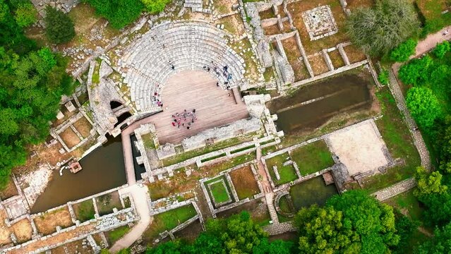 Shot drone cenital Butrint Roman amphitheater and ruins in Albania