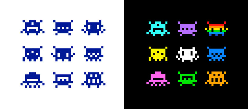 Pixel Art Icons for space arcade game. Simple space pixel icons for geek style print dsgn. Funny UFO aliens and robots in 8-bit retro game style. Vector illustration Isolated on white  background