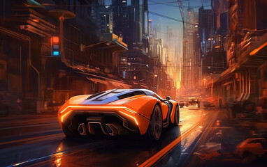 Sports cars driving on urban streets,created with generative ai tecnology.