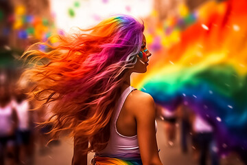Naklejka premium Woman celebrating the spirit of festivals and celebrations; concept of LGBT pride, LGBTQ people, LGBTQ rights campaign. Created with Generative AI technology. Created with Generative AI technology