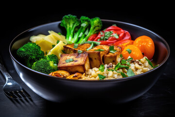Buddha bowl of mixed vegetables, tofu cheese and groat on a black background. Gourmet and nutritious vegan meal. Healthy eating concept. Ai generative