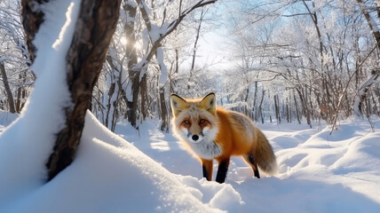 Naklejka premium Fox on the winter forest meadow with white snow. Generative Ai
