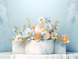 Round marble podium with flowers created with Generative AI technology.