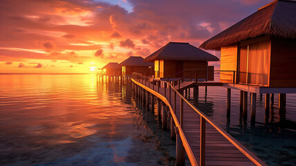 view of the water villas at sunrise in the Maldives. Generative Ai