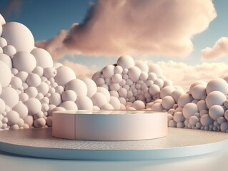 Round podium with clouds and circles created with Generative AI technology.