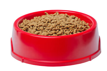Dry food for dogs or cats in a red bowl isolate on white. Balanced nutrition for pets.