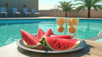 Watermelon plater with drinks on vacation at the swimming pool. Generative Ai