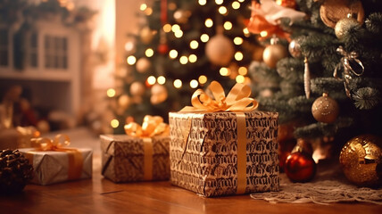 Beautiful Christmas gifts under fir tree on floor in room. Generative Ai