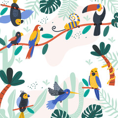 Obraz premium Card with tropical birds, palm leaves. Summer card. Vector illustrations