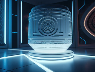 Futuristic sci-fi room with neon lights Round podium created with Generative AI technology.