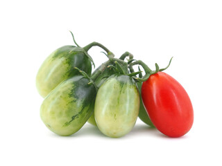 Cluster tomatoes with ripe and green fruits isolated on white