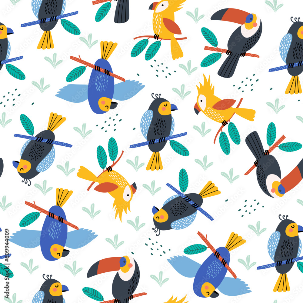 Wall mural Summer seamless pattern with tropical birds, palm leaves . Vector illustrations - Wall murals