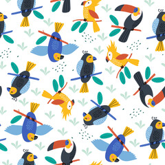 Summer seamless pattern with tropical birds, palm leaves . Vector illustrations