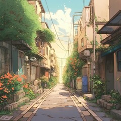 LOFI street illustration, colorful anime manga style wallpaper background design, Generative AI