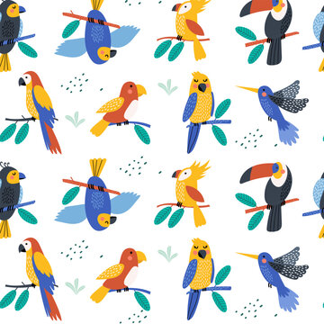 Summer seamless pattern with tropical birds, palm leaves . Vector illustrations