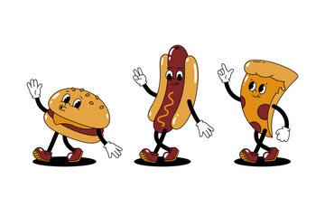 Vector set with cartoon retro mascots colored illustrations of walking street food - hamburger, pizza and hot dog. Vintage style 30s, 40s, 50s old animation. Stickers isolated on white background. - 609944253