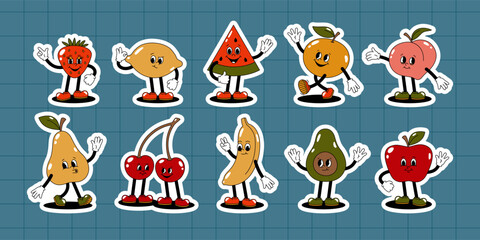 Vector set of cartoon retro mascot colored illustrations of walking fruits and berries. Vintage style 30s, 40s, 50s old animation. Stickers with a white stroke isolated on a blue checkered background.
