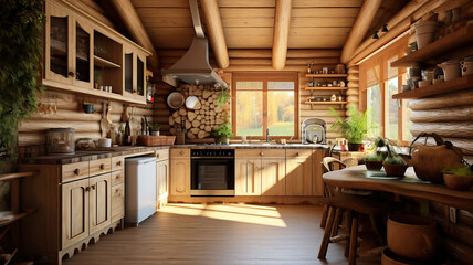 Fototapeta na wymiar Kitchen interior in eco style and furniture made of natural wood. Generative Ai