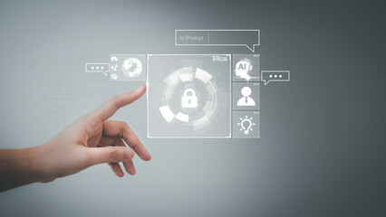 Ai technology, business woman show Futuristic virtual graphic, Chat with AI, Artificial Intelligence. using command prompt for generates something,  technology transformation.