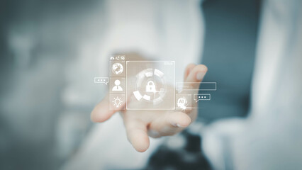 Ai technology, business woman show Futuristic virtual graphic, Chat with AI, Artificial Intelligence. using command prompt for generates something,  technology transformation.