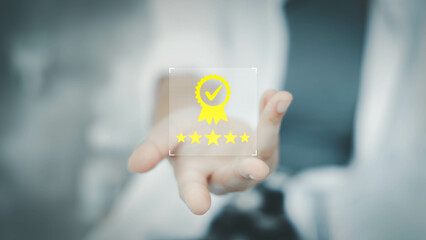 Blurred woman show rating to service experience on online application background with Customer review satisfaction feedback survey concept, quality, service, business ranking.