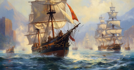 Sailing old flotilla, ships under sail in the ocean. - obrazy, fototapety, plakaty