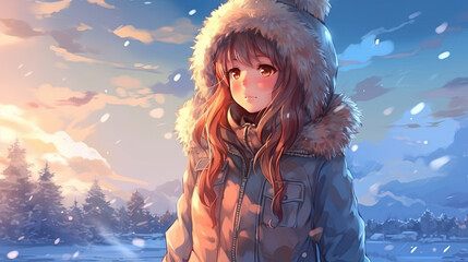Anime girl in winter clothes stands on a snowy hill