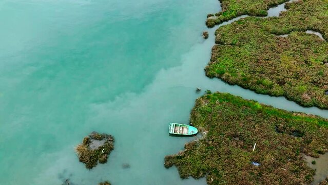 Dramatic aerial view of Drin river in Albania .