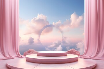 Product display stand or product presentation. pink podium against backdrop of breathtaking sky. generative ai
