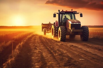 Sunset Harvest: Modern Tractor on the Field, Generated Ai