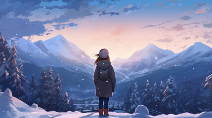 Anime girl in winter clothes stands on a snowy hill - obrazy, fototapety, plakaty