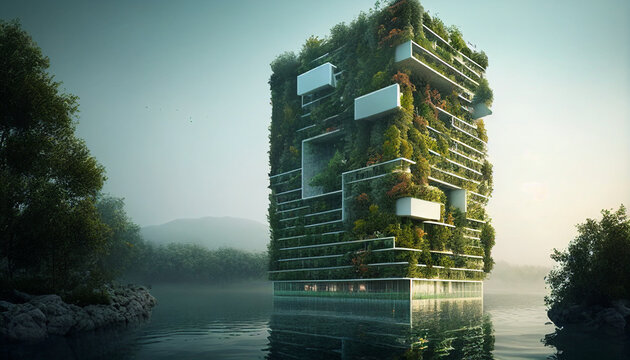 Biodiversit&auml;t durch Moderne Architektur Biosph&auml;renreservat &Ouml;kosystem in der Stadt an H&auml;usern, Fassaden, Fassadenbegr&uuml;nung, Generative AI 