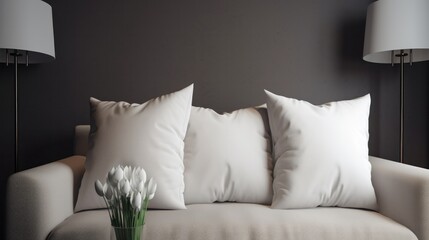 Blank white pillows on a couch in a living room. Generative AI.