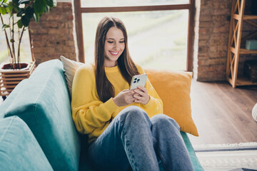 Photo of excited cheerful lady sit couch use smart phone texting typing post enjoy free time living room house indoors