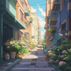 Fototapeta na wymiar LOFI street, houses, anime manga style background wallpaper design, illustration, Generative AI