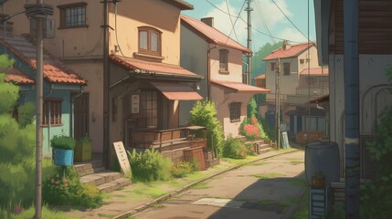 Obraz premium LOFI house on the streets, anime manga style illustration, background wallpaper