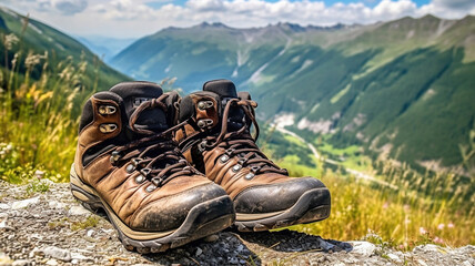 hiking boots with mountain scenery in the mountains. Generative Ai