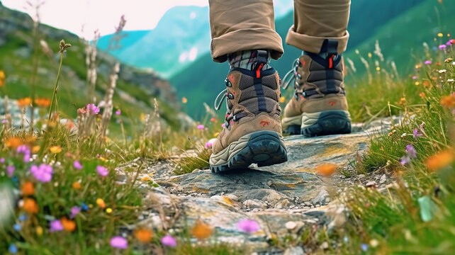 Feet in hiking trekking boots close-up. Hillside trail covered with flowers. Blurred mountain landscape for background. Generative Ai