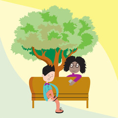 Children talking under the tree